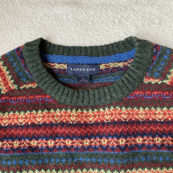 Lands End Lambswool Fair Isle Sweater Men L Green Multicolor 80s Cosby Style - Picture 3 of 9